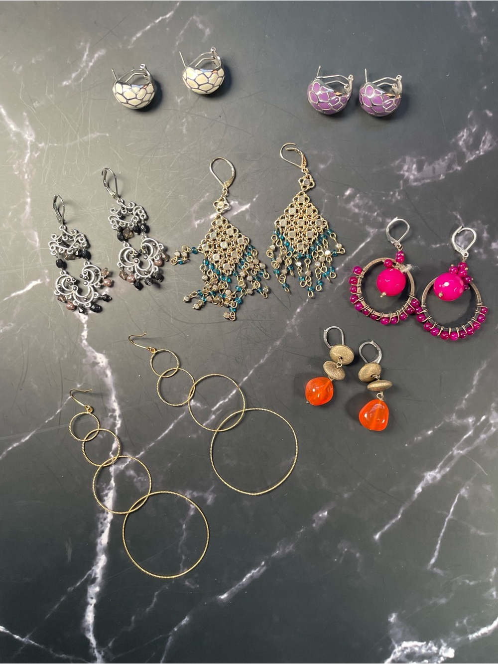 Vintage & Boho Earring Lot (7 Pairs) – Hoop, Chandelier & Enamel Dangles